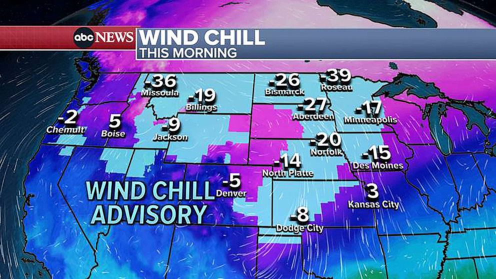 PHOTO: 14 million Americans across 18 states from Washington to Minnesota to Texas are under wind chill alerts this morning with wind chills as low as 50 below zero in Minnesota and North Dakota – frostbite in as little as 10 minutes on exposed skin.