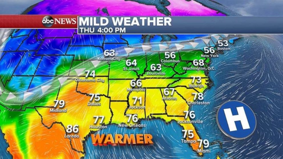 The Southeast will see warmer temperatures by Thursday afternoon.