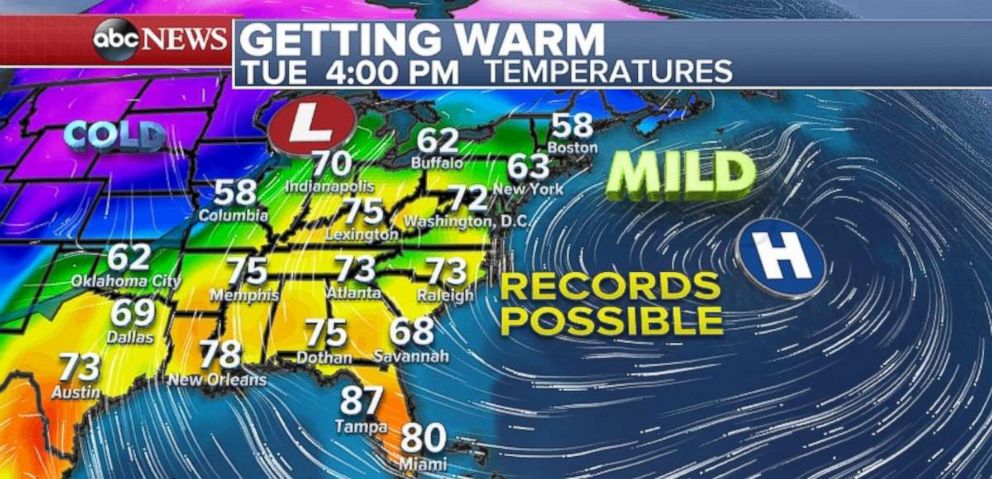 Parts of the eastern U.S. may see record highs approaching midweek.