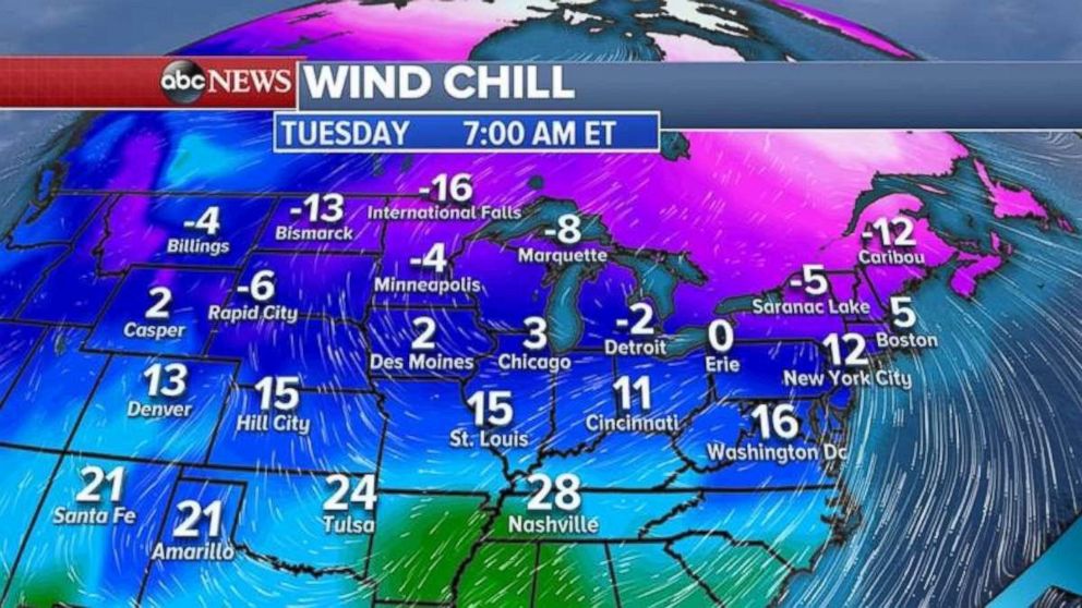 Morning wind chills on Tuesday will be brutally cold in the Upper Midwest and Northeast.