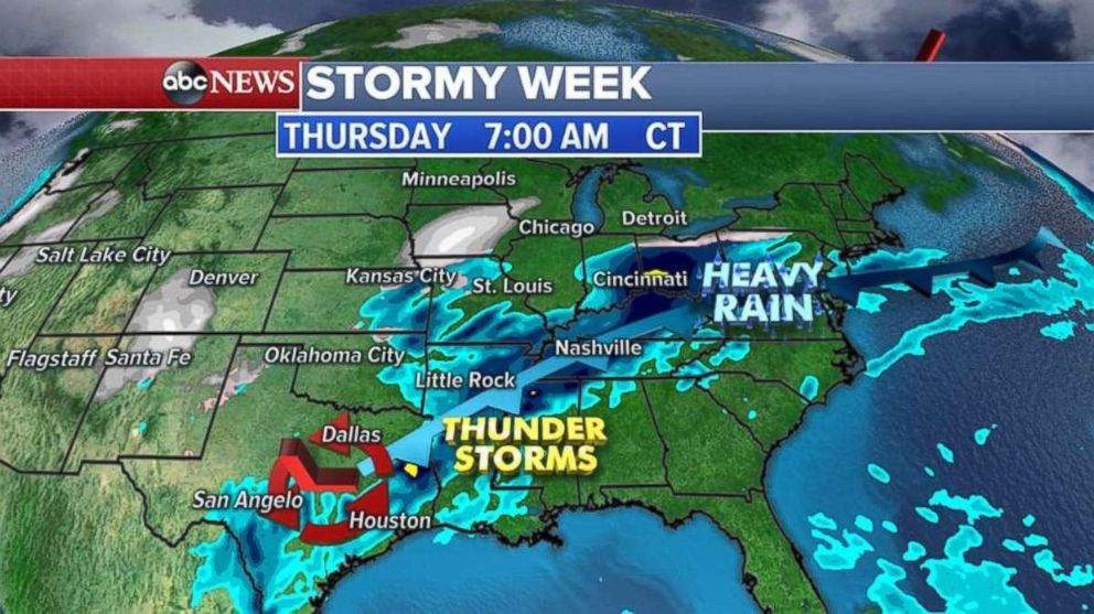 Heavy rain is expected to continue Thursday from Texas into the Ohio Valley.