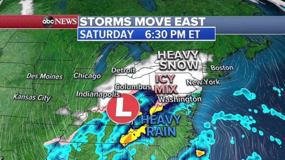 The stronger of the two storms will be approaching the East Coast on Saturday night.