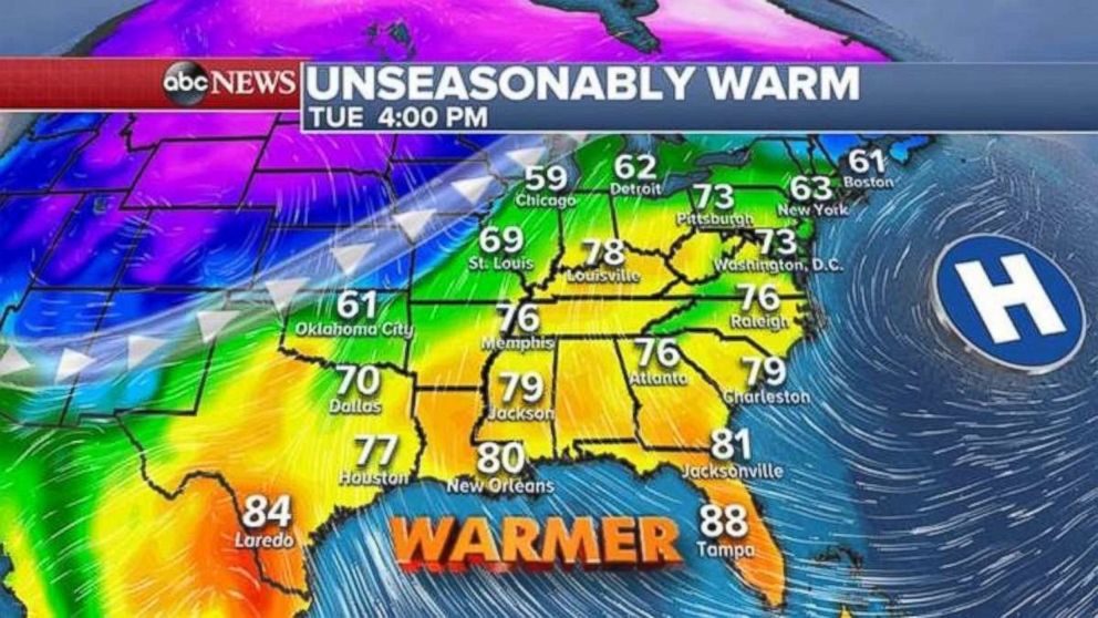 The Southeast will be unseasonably warm on Tuesday.