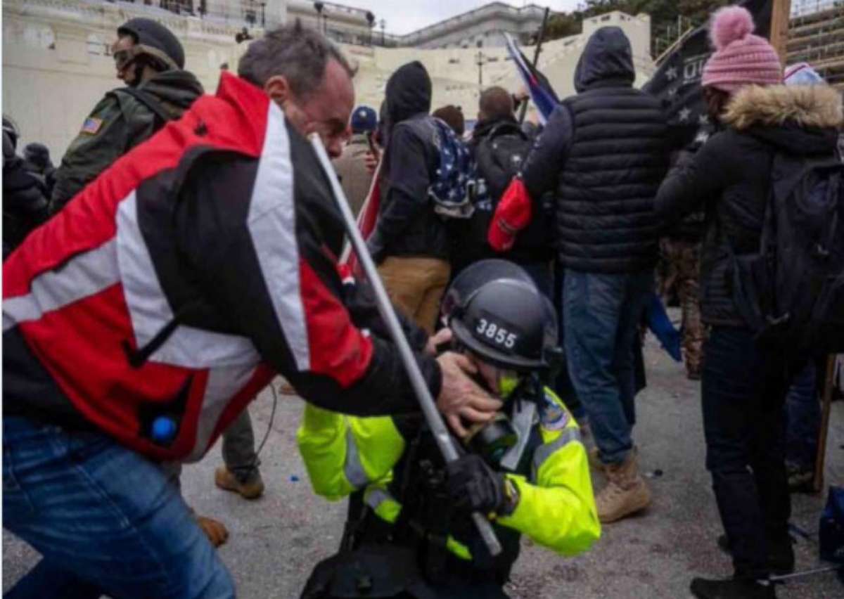 PHOTO: Retired New York Police Department officer Thomas Webster is seen attacking a Capitol police officer in an image from a criminal complaint from the insurrection at the Capitol, Jan. 6, 2021. 