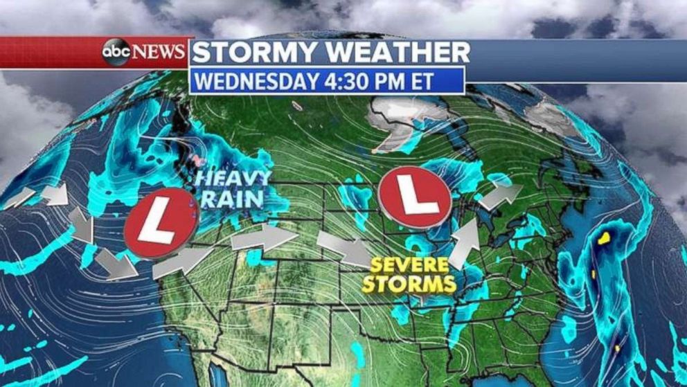 Heavy rain will fall in the Northwest and Northern Plains from two separate systems on Wednesday.