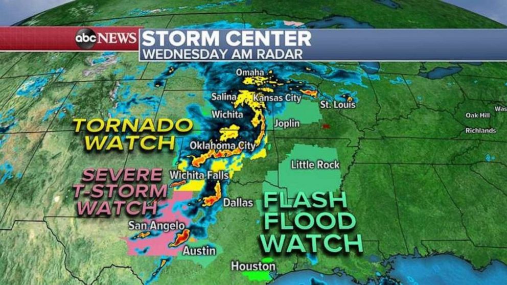 PHOTO: Tornado, severe thunderstorm and flash flood watches are in effect on Wednesday morning.