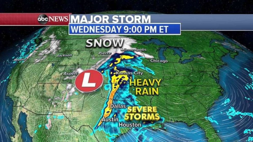 PHOTO: Heavy rain will stretch from central Texas to the Dakotas on Wednesday night.