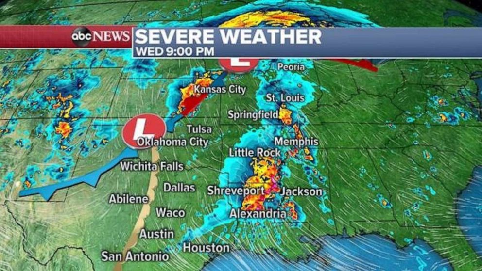 PHOTO: The severe storms will move into Louisiana and Arkansas late Wednesday.