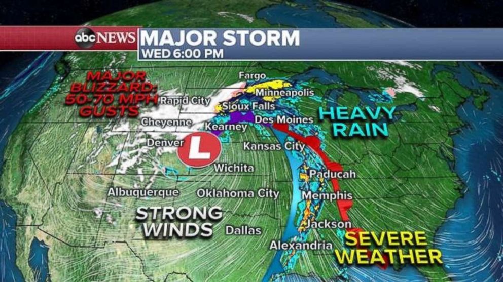 PHOTO: Heavy rain will move through the Plains, while heavy snow comes in Colorado and Wyoming, on Wednesday evening.