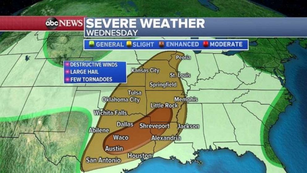 PHOTO: Destructive winds, large hail and a few tornadoes are possible in central and eastern Texas, stretching into northwest Louisiana and southwest Arkansas, on Wednesday.