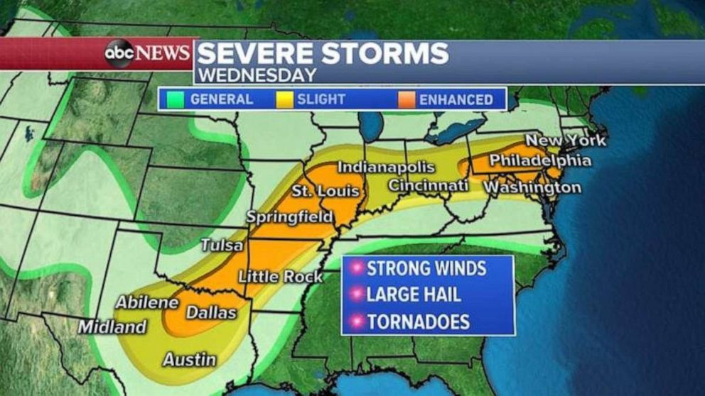 PHOTO: Severe weather is again possible from Texas northeast to Illinois and eastward over to Pennsylvania and New Jersey.