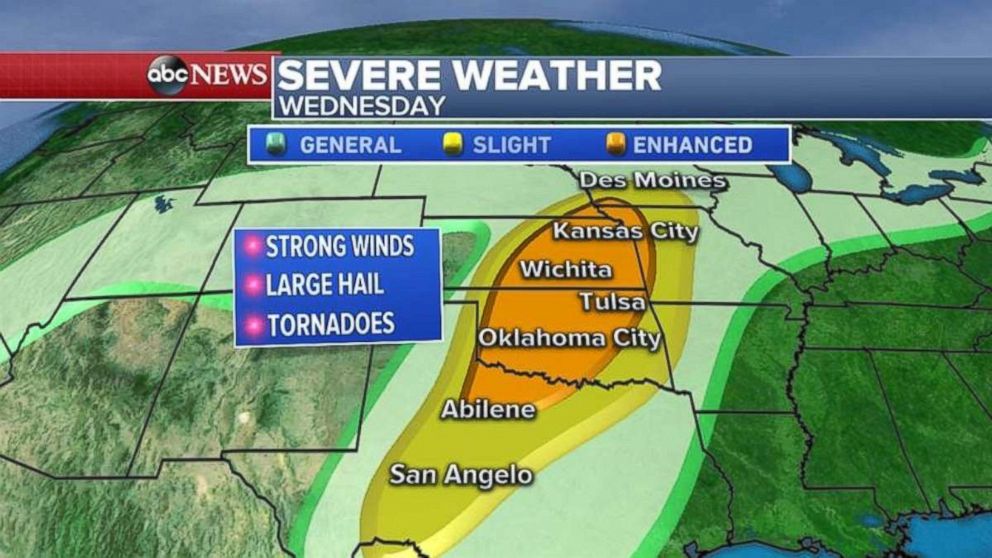 The heavily populated areas of Oklahoma City, Wichita and Kansas City will be threatened on Wednesday.