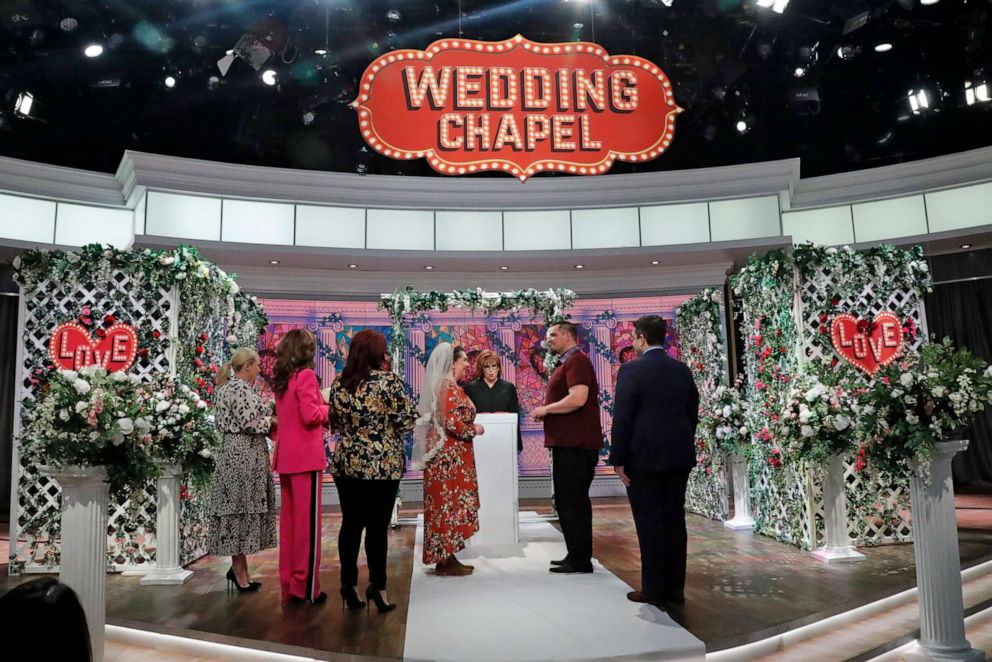 PHOTO: Joy Behar officiates the wedding of Iowa couple Sarah Chrisman and James "Bo" Allbritton on "The View" Friday, Feb. 14, 2020.