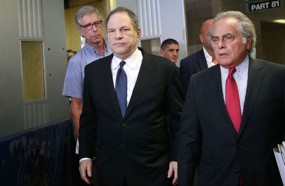 PHOTO: Harvey Weinstein, center, leaves State Supreme Court with his defense attorney Ben Brafman, after pleading not guilty at an arraignment on charges that he committed a sex crime against a third woman, July 9, 2018, in New York City.