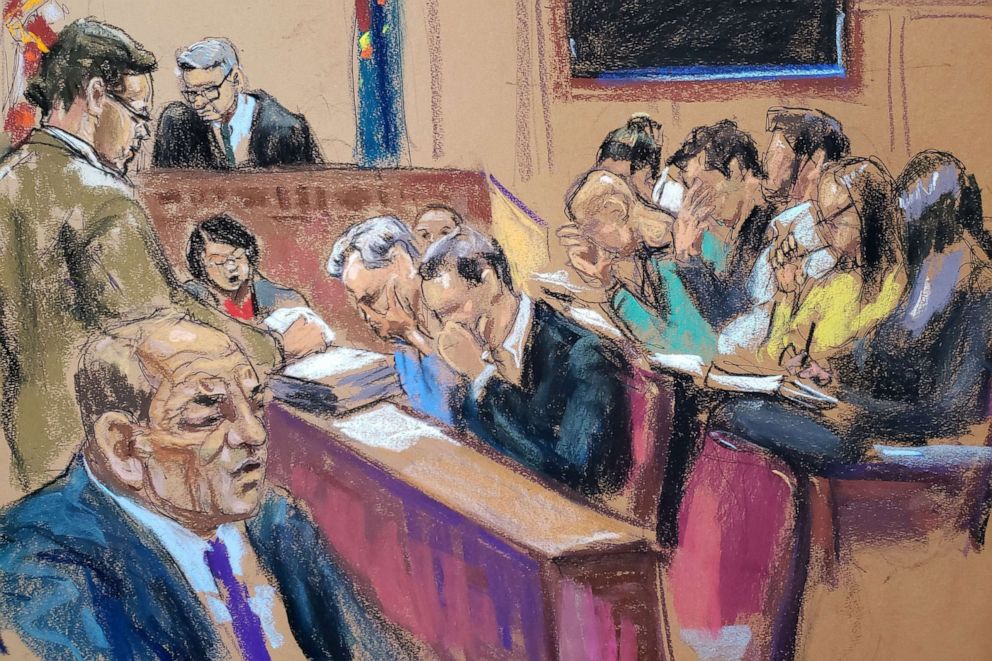 PHOTO: Harvey Weinstein and the jury listen to a reading of testimony during deliberations at New York Criminal Court at his sexual assault trial in New York, Feb. 19, 2020, in this courtroom sketch. 