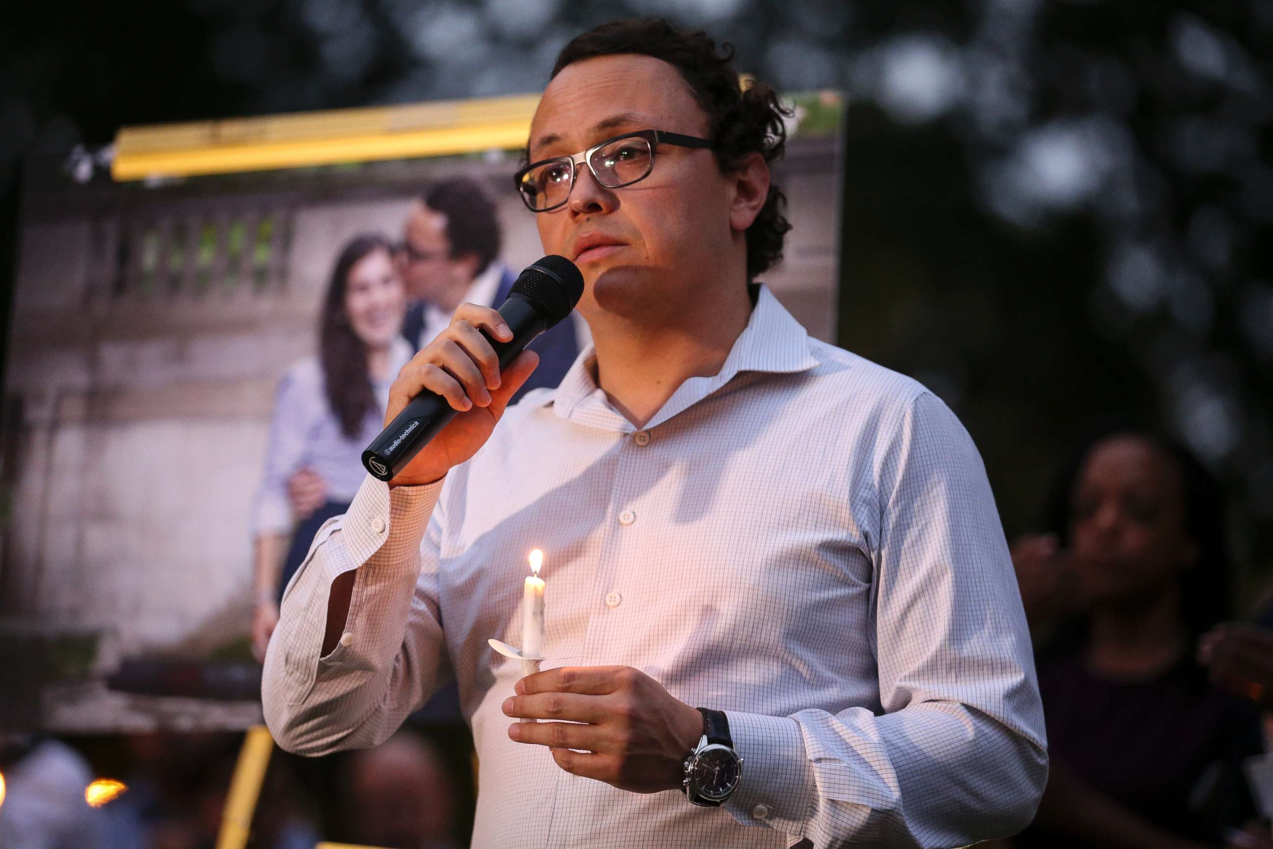 PHOTO: Daniel Hincapie, fiance of Wendy Martinez, speaks during a candlelight vigil in her honor in Washington, D.C. on Sept. 20, 2018.