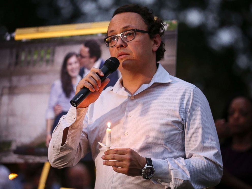 PHOTO: Daniel Hincapie, fiance of Wendy Martinez, speaks during a candlelight vigil in her honor in Washington, D.C. on Sept. 20, 2018.