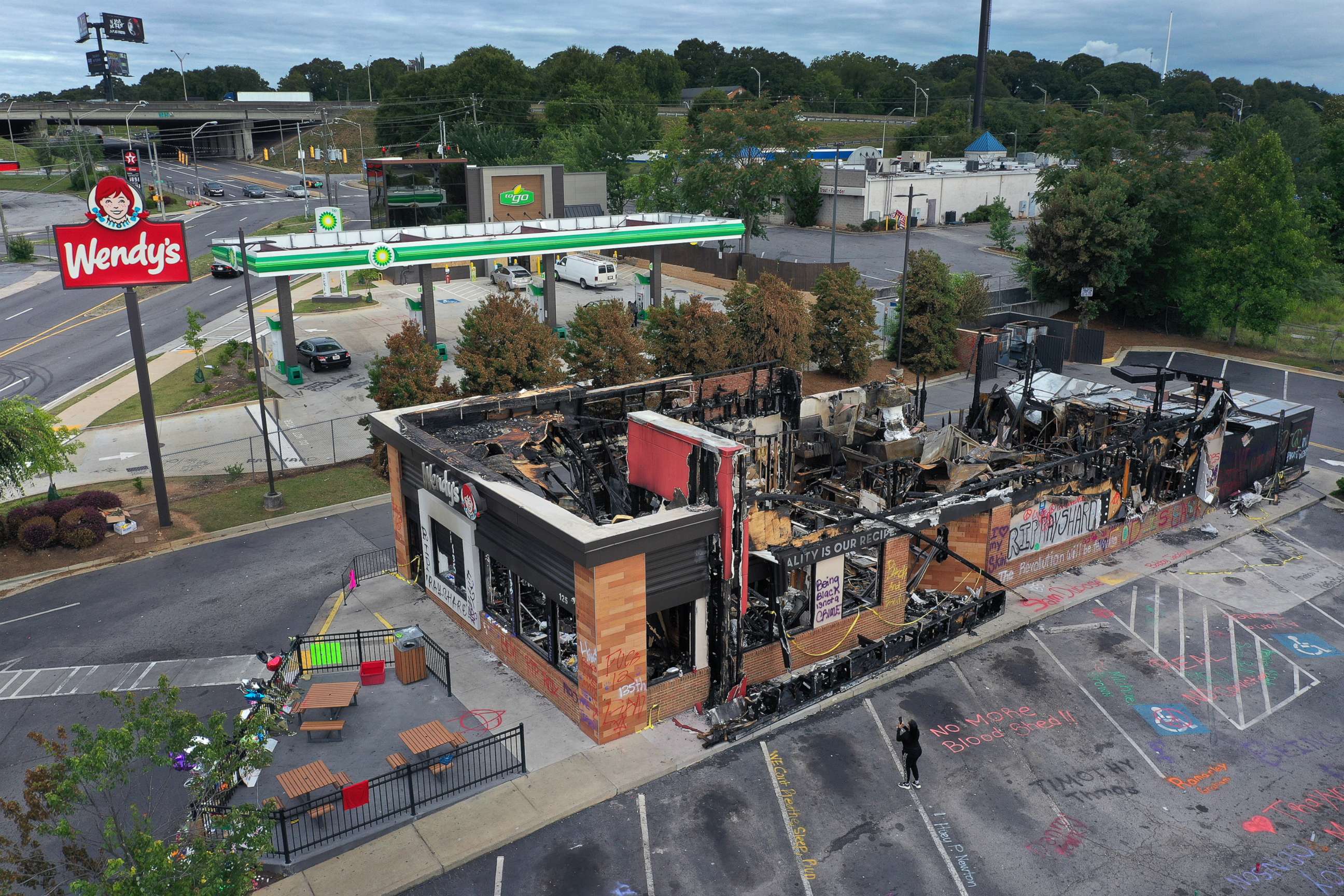 PHOTO: The Wendy's restaurant that was set on fire by demonstrators after Rayshard Brooks was killed is seen on June 17, 2020 in Atlanta.