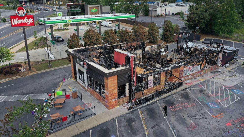 PHOTO: The Wendy's restaurant that was set on fire by demonstrators after Rayshard Brooks was killed is seen on June 17, 2020 in Atlanta.