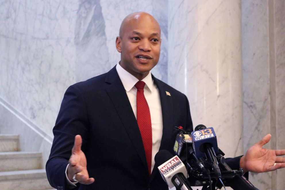 PHOTO: Maryland Gov. Wes Moore talks to reporters during a media availability, April 27, 2023 in Annapolis, Md.