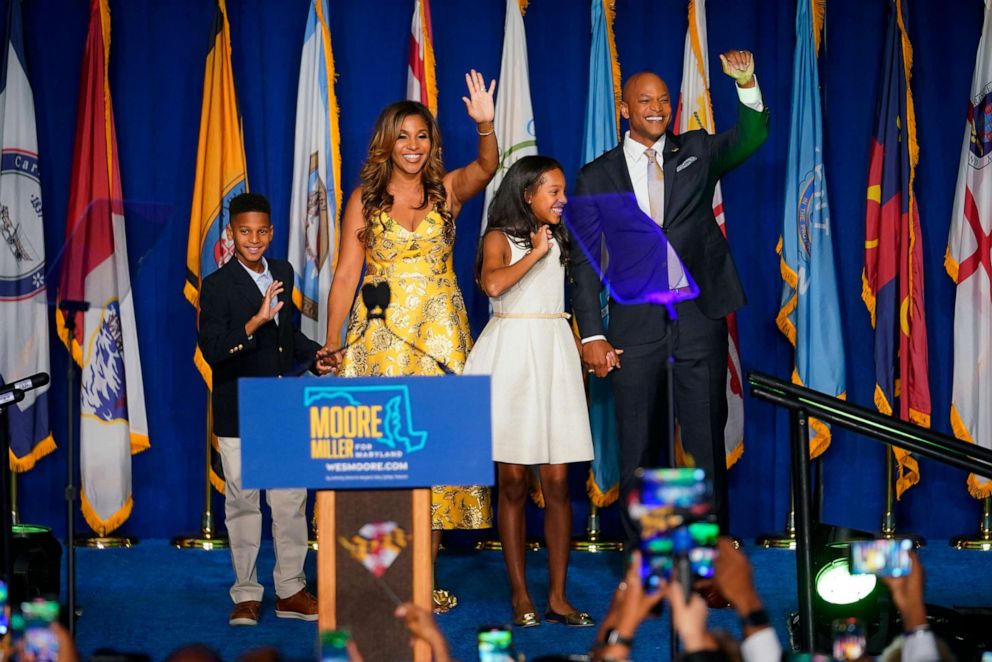 PHOTO: Democrat Wes Moore, right, stands on stage with his family before speaking to supporters during an election night gathering after he was declared the winner of the Maryland gubernatorial race, on Nov. 8, 2022, in Baltimore.