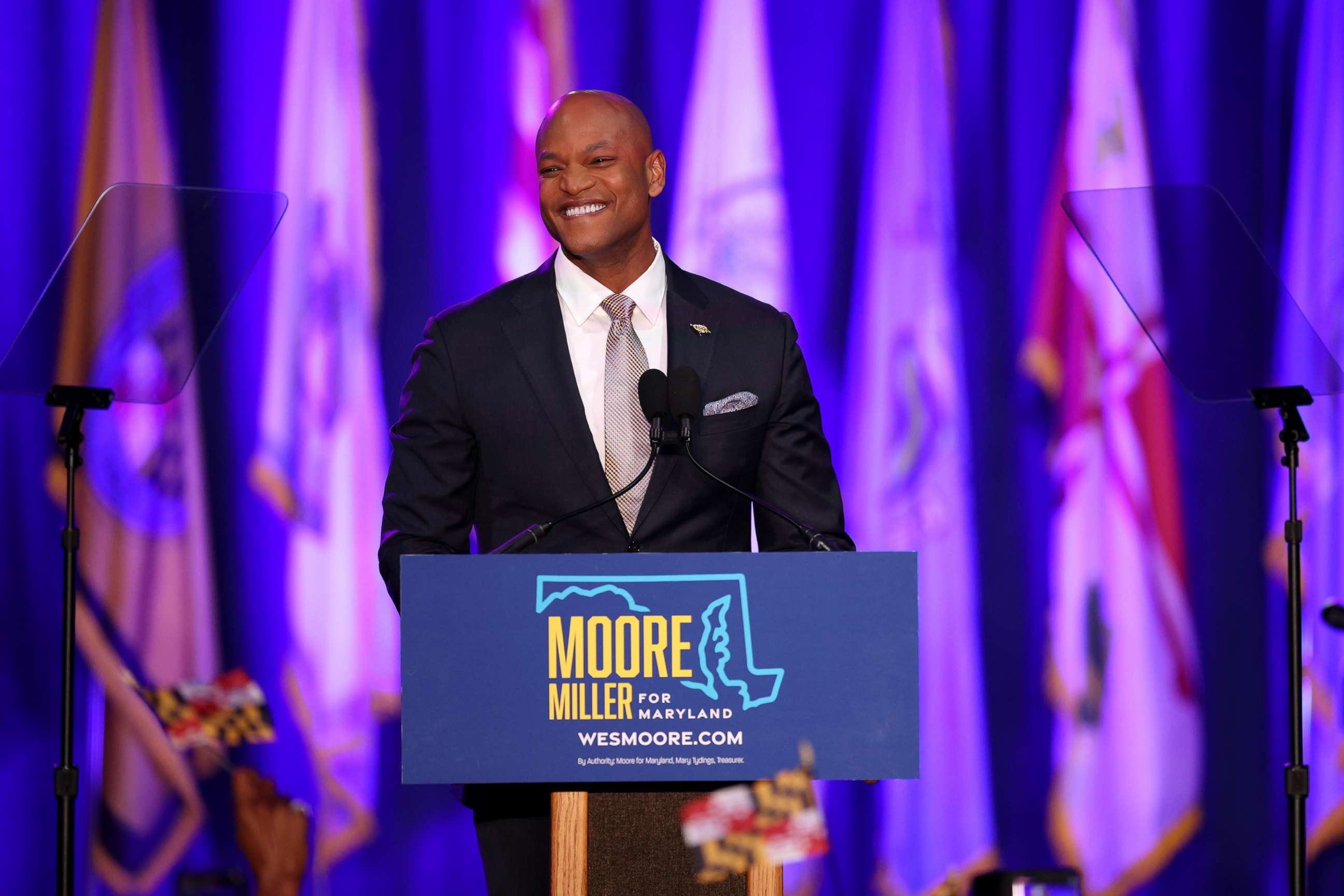 PHOTO: Democratic gubernatorial nominee Wes Moore addresses supporters after defeating Republican nominee Dan Cox on Nov. 8, 2022, in Baltimore, Maryland.