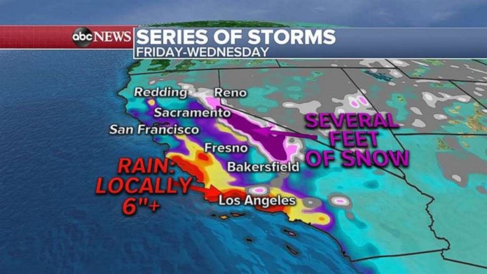 PHOTO: As much or more than 6 inches of rain could fall along the coast in Southern California over the next five days.