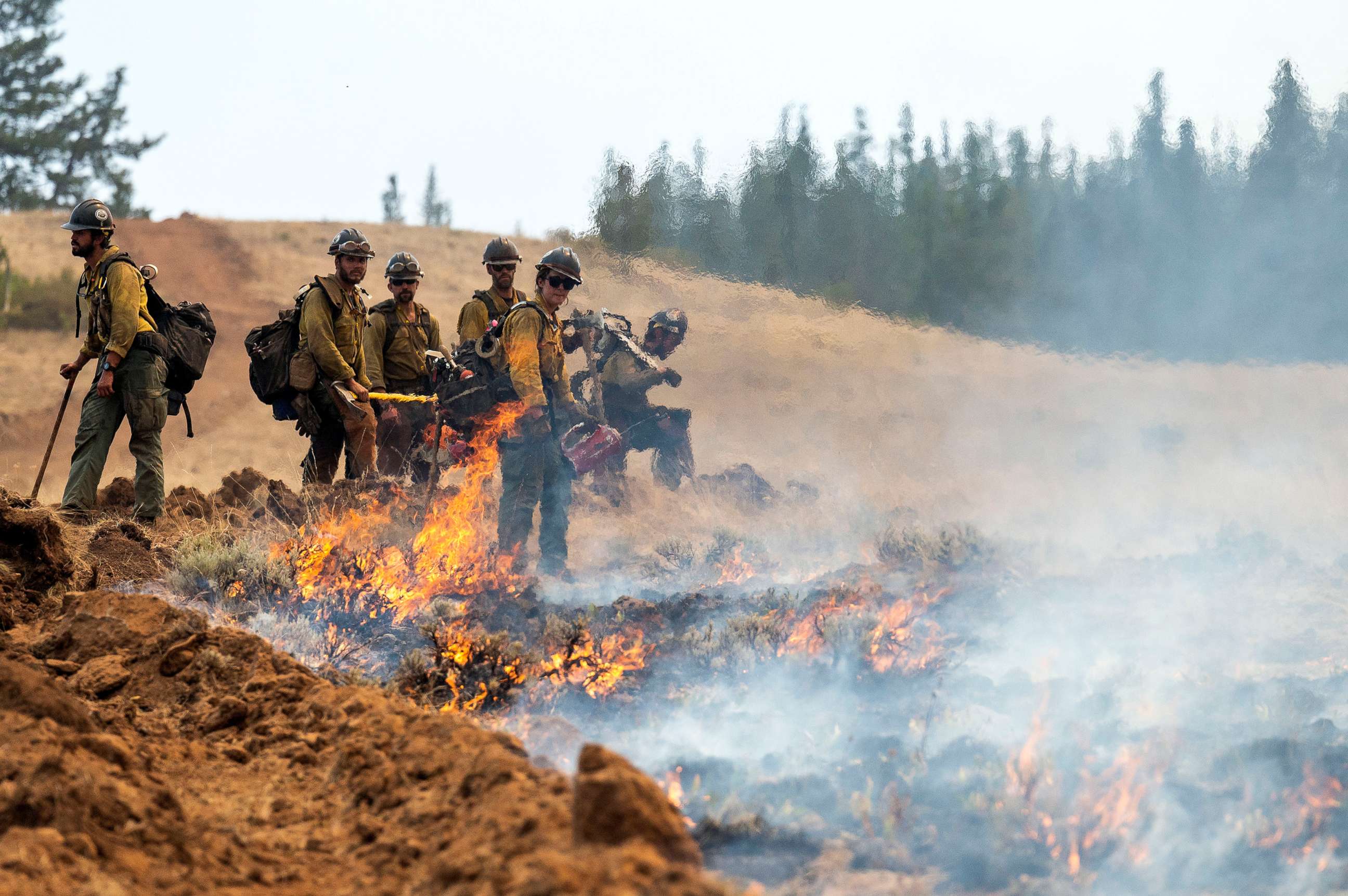 PHOTO: A wildland fire crew observes a fire line they set on Harlow Ridge above the Lick Creek Fire, July 12, 2021, south of Asotin, Wash.
