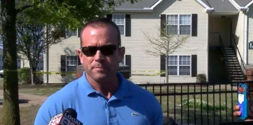 West Memphis Police Capt. Joe Baker briefs the media on the fatal shooting of a police officer, struck by a stray bullet, on Saturday, April 28, 2018.