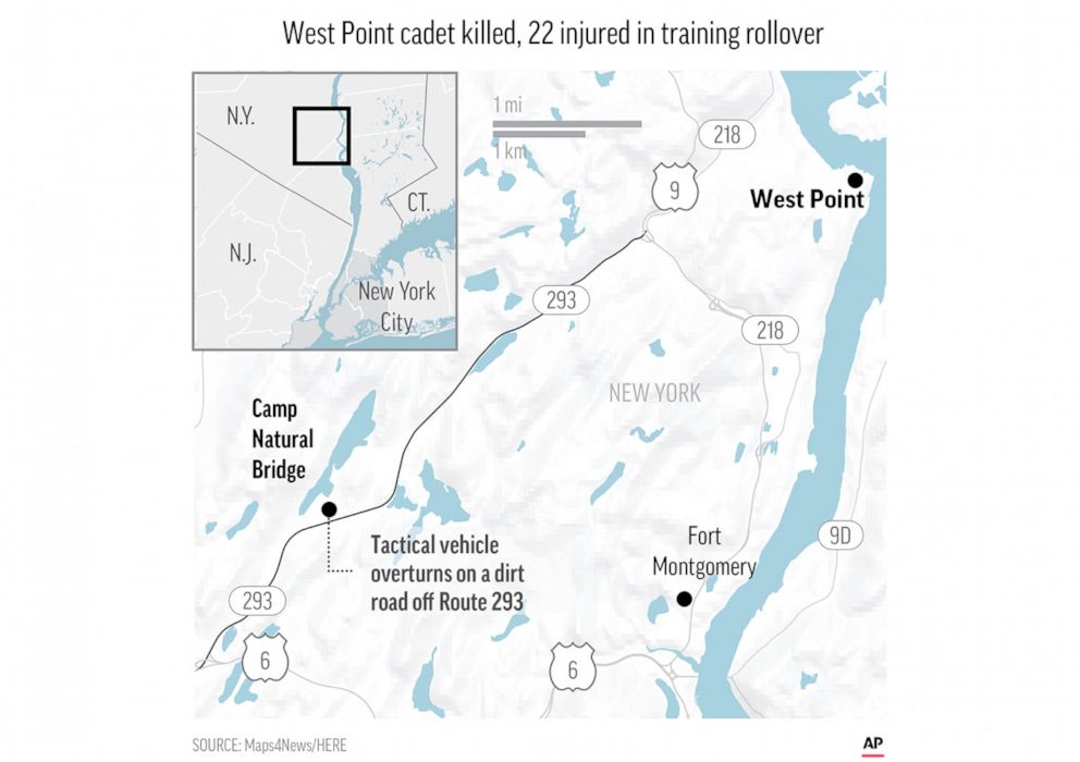 PHOTO: A map released by the Associated Press shows the location where one West Point cadet was killed and 22 were injured in a training accident.