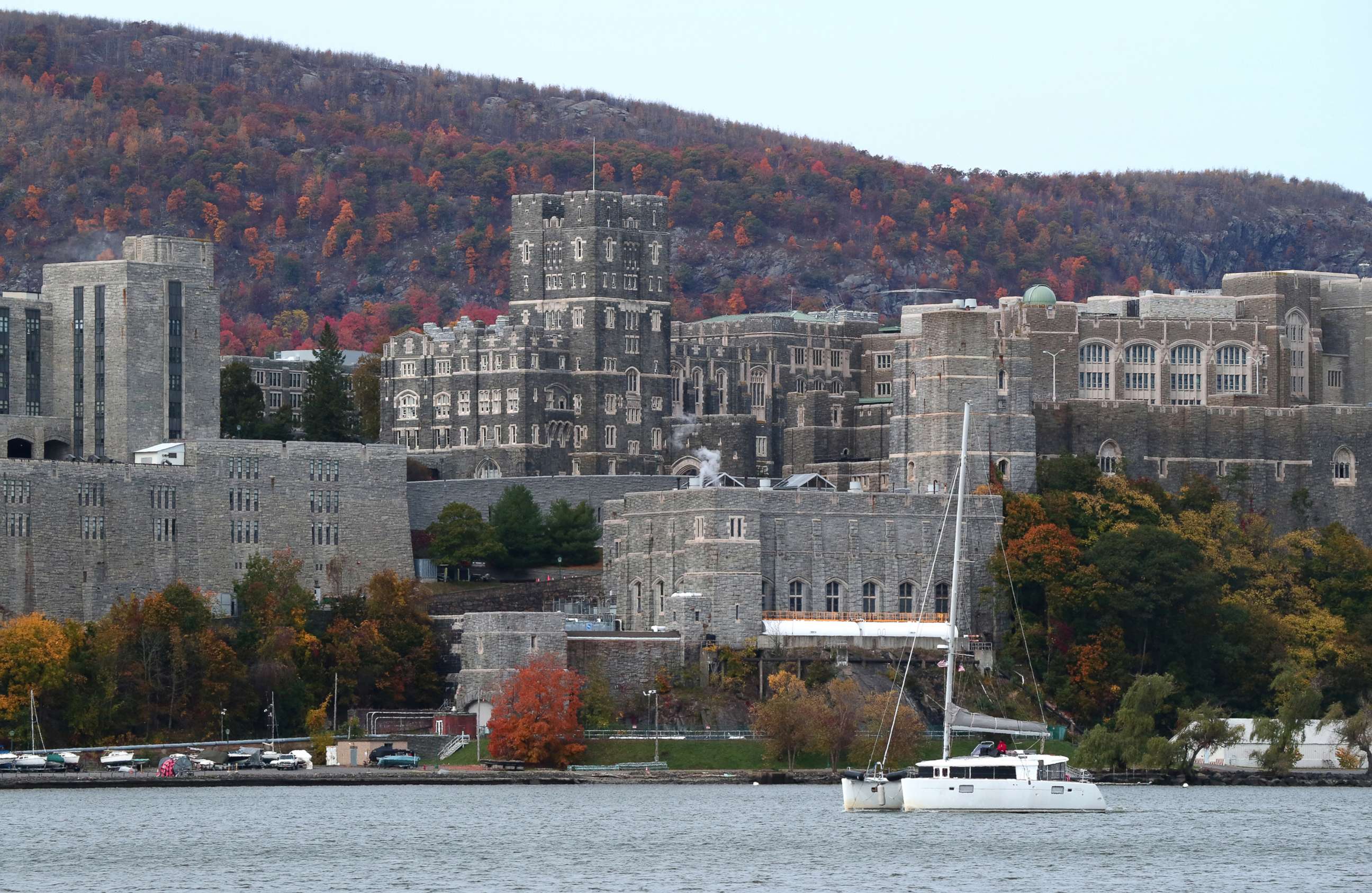 PHOTO: A boat sails in the Hudson River in front of the United States Military Academy, West Point, Oct. 25, 2020 as seen from Garrison, N.Y.