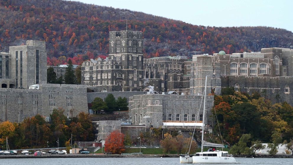 PHOTO: A boat sails in the Hudson River in front of the United States Military Academy, West Point, Oct. 25, 2020 as seen from Garrison, N.Y.