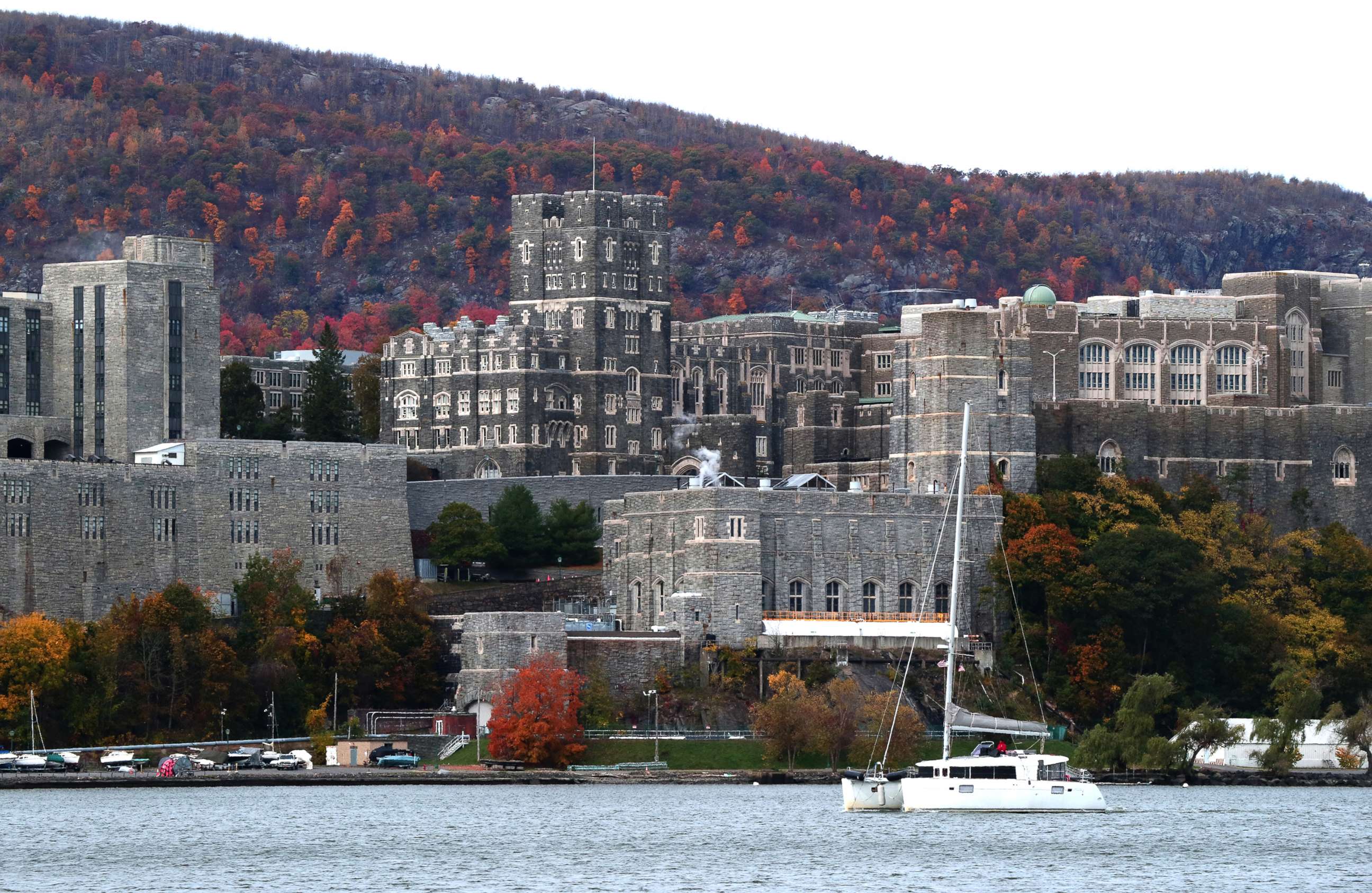 PHOTO: A boat sails in the Hudson River in front of the United States Military Academy, West Point, Oct. 25, 2020, as seen from Garrison, N.Y.