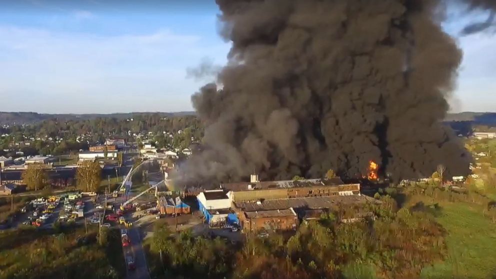 PHOTO: Tim Garretson posted video to Facebook, Oct. 21, 2017, showing a large fire at the former Ames Tool Plant in Parkersburg, West Virginia. 