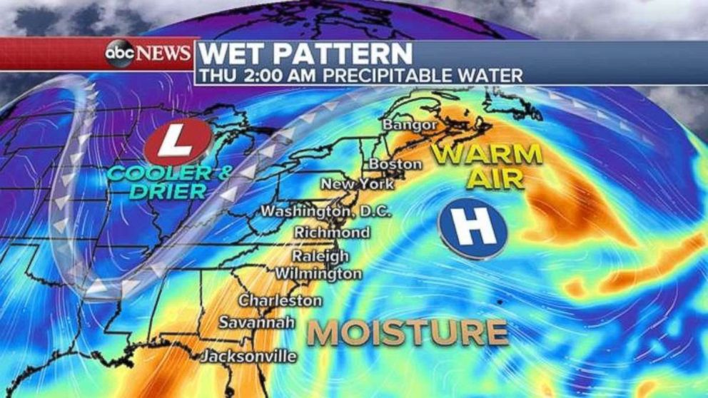 A wet weather pattern is moving onto the East Coast for the week ahead.