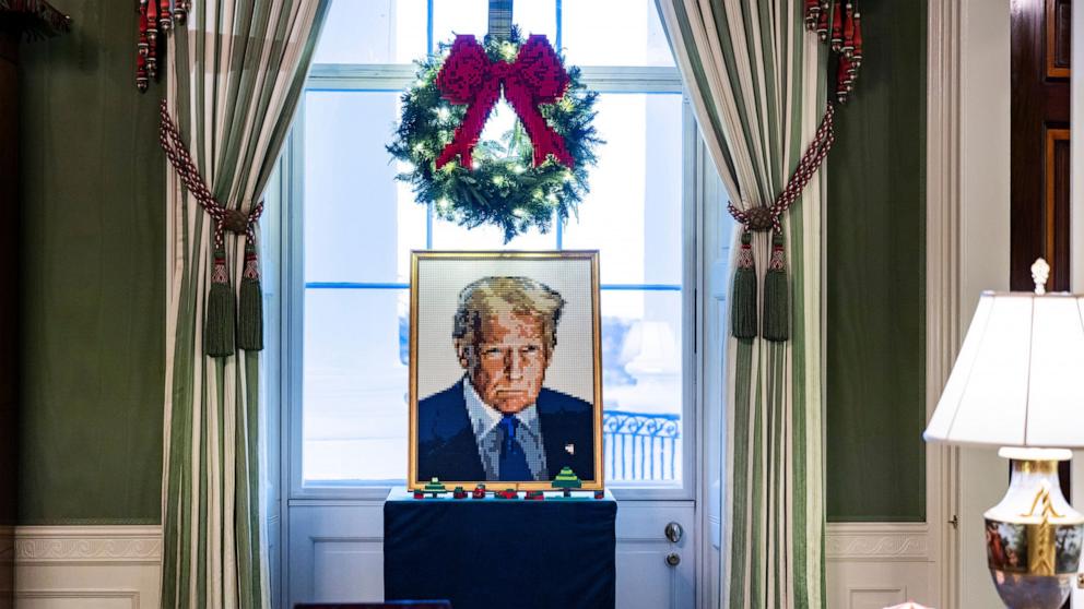 PHOTO: A portrait of President Donald Trump made of Lego in the East Room of the White House during a holiday decoration tour for the media in Washington, December 1, 2025.