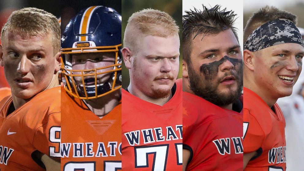 PHOTO: Five Wheaton College football players charged with hazing; from left, James Cooksey, Kyler Kregel, Benjamin Pettway, Noah Spielman and Samuel TeBos.