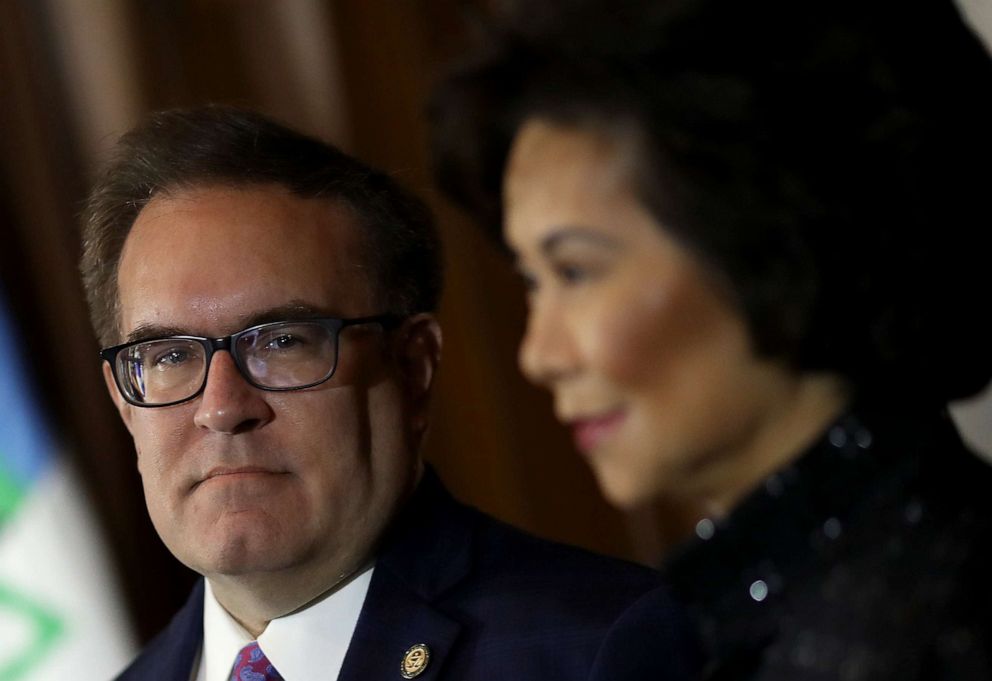 PHOTO: Environmental Protection Agency Administrator Andrew Wheeler and Transportation Secretary Elaine Chao make a policy announcement at EPA headquarters, Sept. 19, 2019, in Washington.