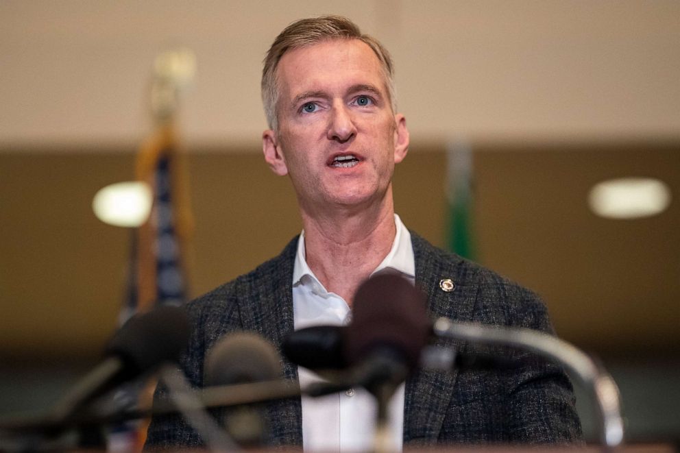 PHOTO: Portland Mayor Ted Wheeler speaks to the media at City Hall, Aug. 30, 2020, in Portland, Ore. 