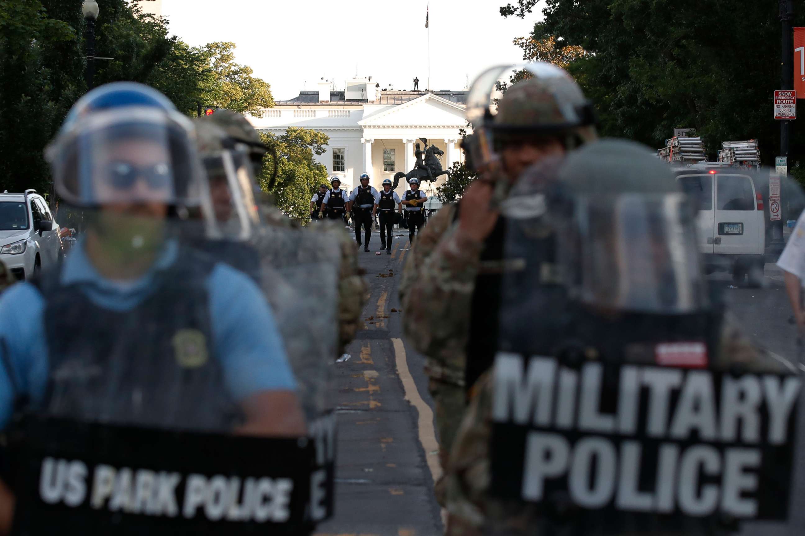PHOTO: Police clear the area around Lafayette Park and the White House in Washington, as demonstrators gather to protest the death of George Floyd, June 1, 2020.