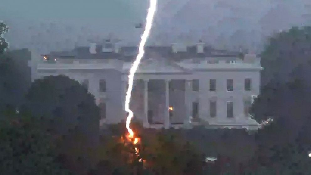 PHOTO: A lightning strike hits a tree in Lafayette Park across from the White House, killing two people and injuring two others, during a thunderstorm as seen in this framegrab from a video camera mounted on a nearby rooftop in Washington, Aug. 4, 2022.