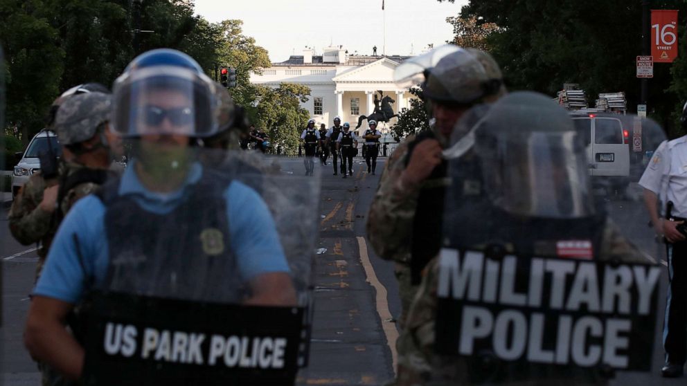 PHOTO: Police clear the area around Lafayette Park and the White House as demonstrators gather to protest the death of George Floyd, June 1, 2020, in Washington.