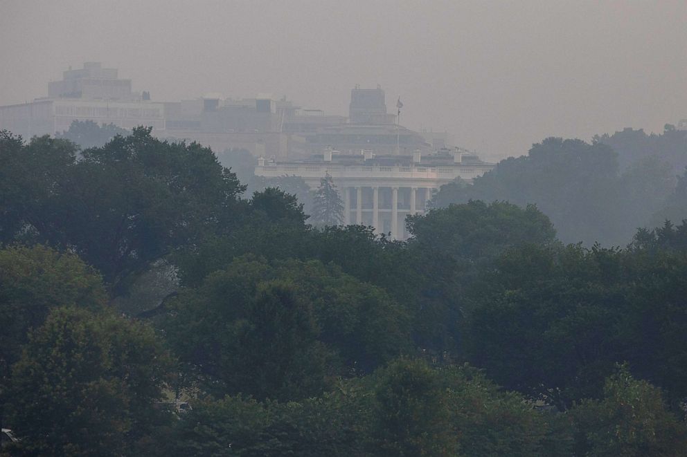 PHOTO: A view of The White House shrouded in haze and smoke caused by wildfires in Canada, in Washington, D.C., June 8, 2023.