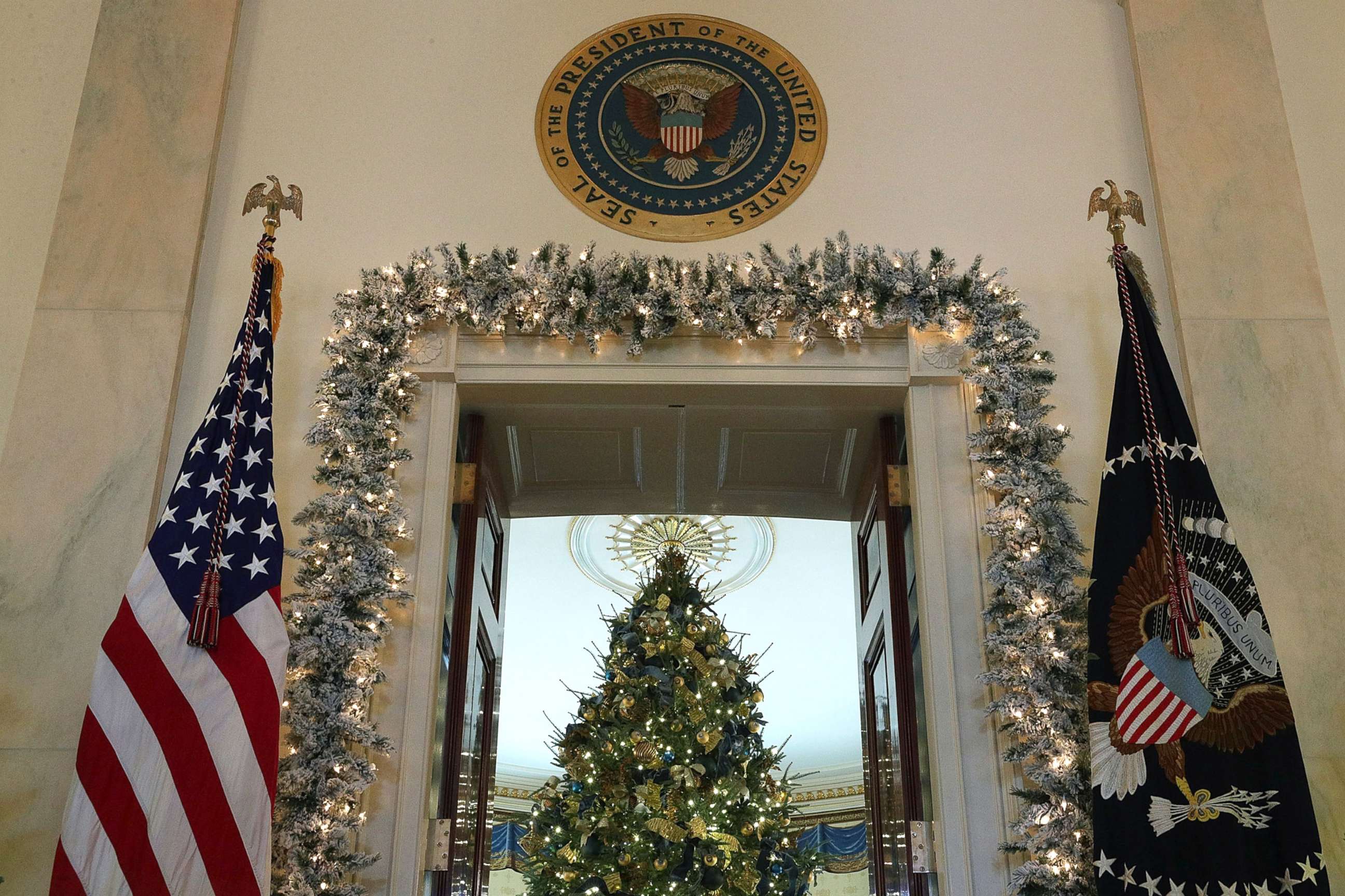 PHOTO: The official White House Christmas tree stands in the Blue Room at the White House during a press preview of the 2017 holiday decorations, Nov. 27, 2017. The theme of the White House holiday decorations this year is "Time-Honored Traditions."  