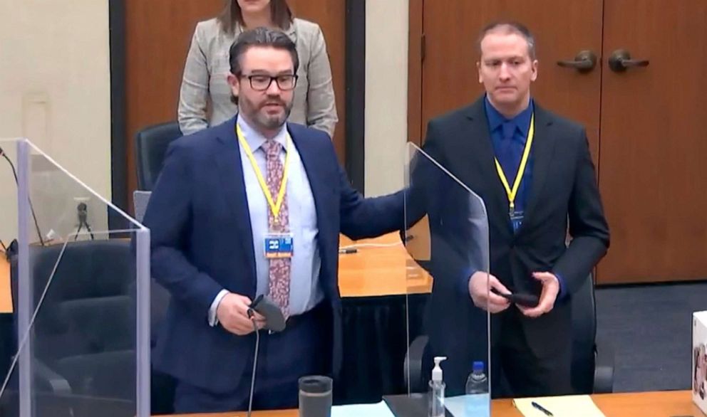 PHOTO: Defense attorney Eric Nelson and defendant, former Minneapolis police officer Derek Chauvin, introduce themselves to potential jurors  in Minneapolis, March 23, 2021.