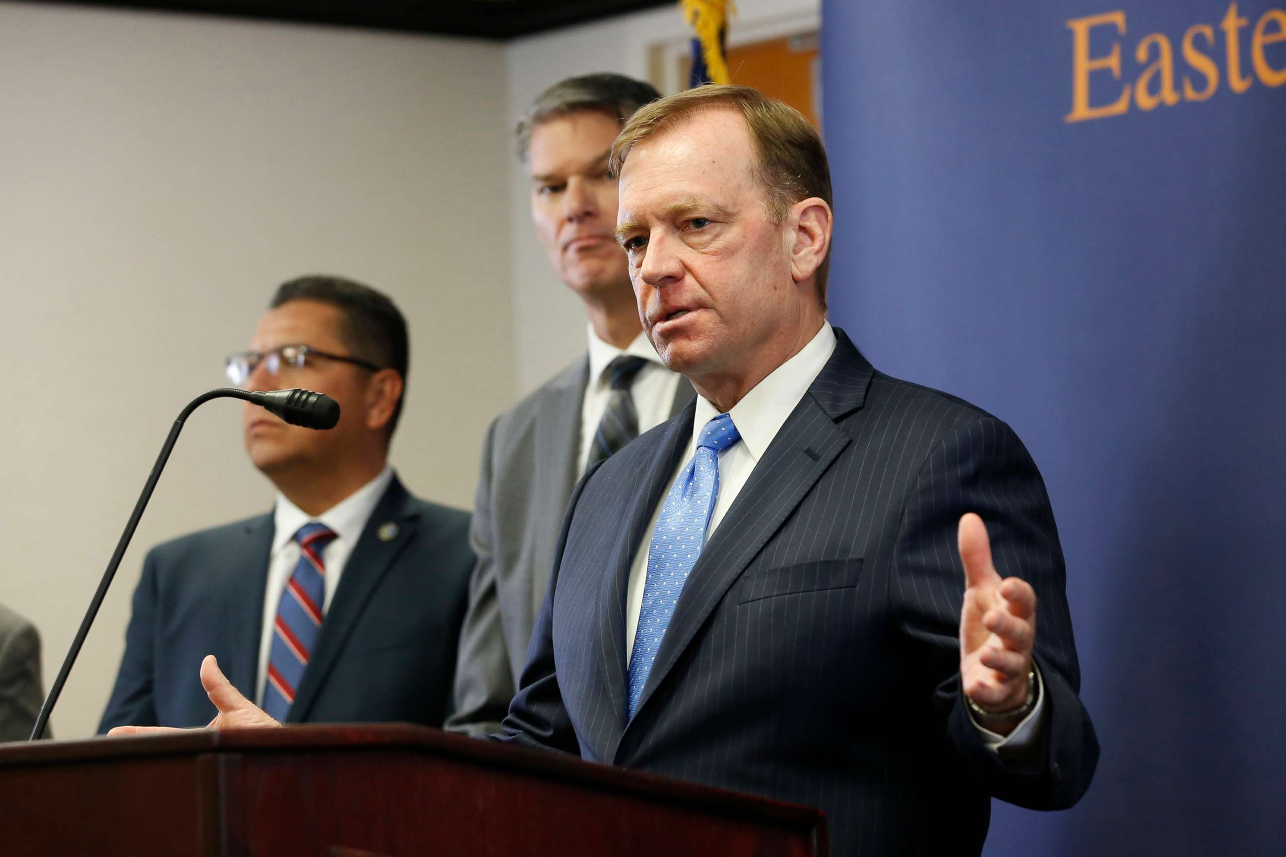 PHOTO: McGregor Scott answers questions concerning the charges against leaders of the white supremacist prison gang, the Aryan Brotherhood, during a news conference in Sacramento, Calif., on June 6, 2019.