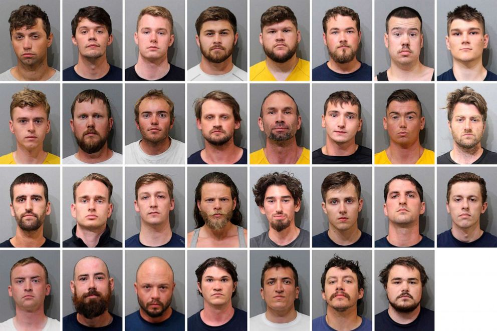 PHOTO: These booking images show the 31 members of the white supremacist group Patriot Front who were arrested after they were found packed into the back of a U-Haul truck with riot gear near an LGBTQ pride event in Coeur d'Alene, Idaho, June 11, 2022.
