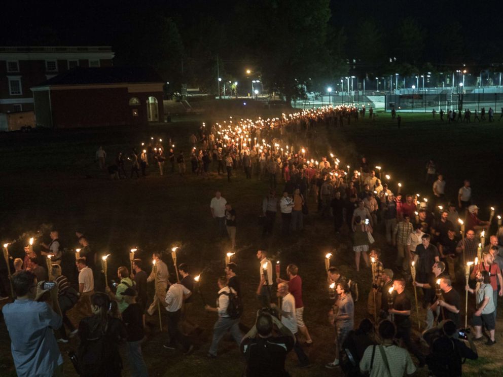 PHOTO: White nationalists and white supremacists carrying torches marched in a parade through the University of Virginia campus, Aug. 11, 2017.