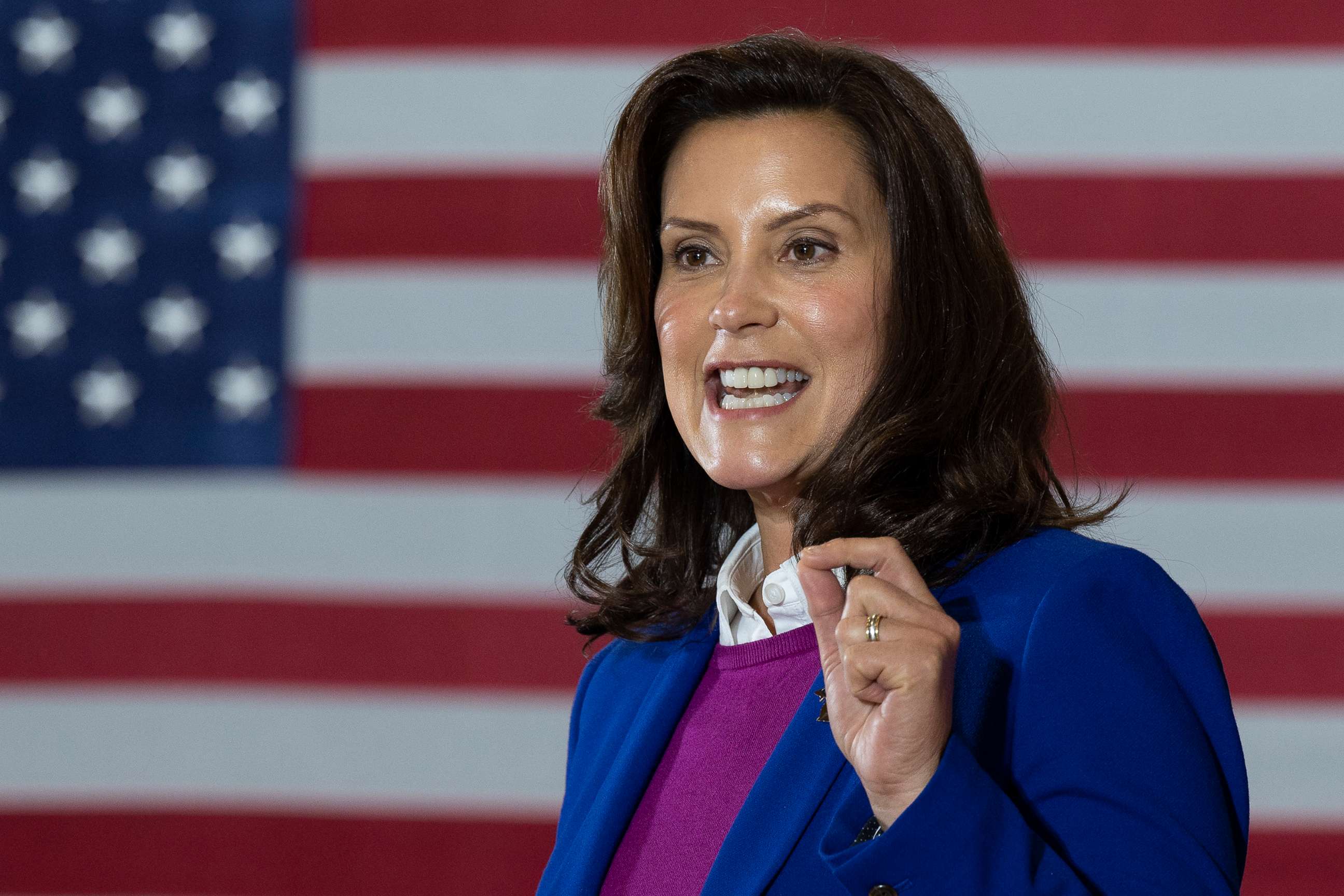PHOTO: In this Oct. 16, 2020 file photo Michigan Governor Gretchen Whitmer speaks at Beech Woods Recreation Center in Southfield, Mich..