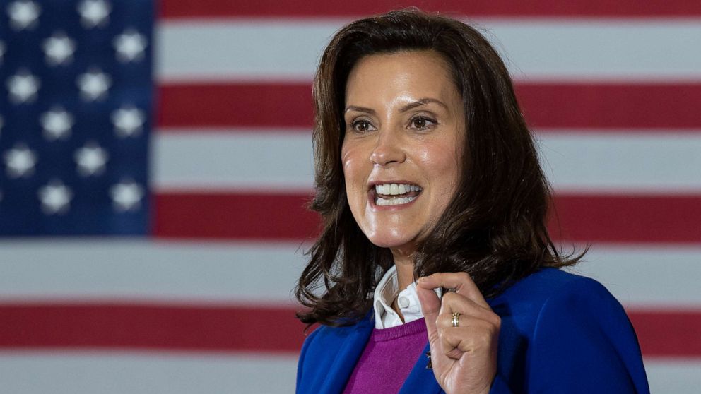 PHOTO: In this Oct. 16, 2020 file photo Michigan Governor Gretchen Whitmer speaks at Beech Woods Recreation Center in Southfield, Mich..